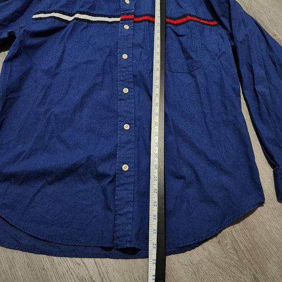 Vintage 90s Tommy Jeans Hilfiger Button Up Shirt Navy Blue Center Stripe Sz XL - Picture 8 of 9